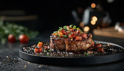 Grilled steak topped with fresh vegetables, served on a black plate against a dark background.