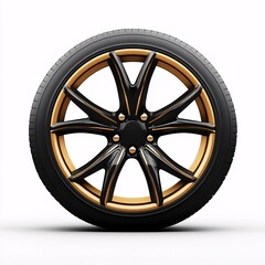 Fototapeta premium A sleek, modern car wheel with a stylish black and gold design, isolated on a white background, showcasing its intricate details and craftsmanship.