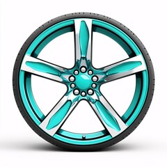 A sleek, modern car wheel with a turquoise and silver design, isolated on a white background, showcasing its stylish and unique features.