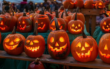 Fototapeta premium Large group of shining carved Halloween pumpkins lying on the table of the marketplace stand in the evening with sunset. Concept of Halloween celebration, Trick or Treat and season.