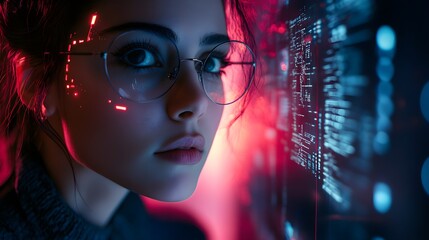 Close-up of a female IT expert in a high-tech data center, neon lights glowing softly around her, futuristic tech holograms floating beside her, cyberpunk style, moody lighting