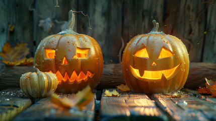 Still life with two shining carved Halloween pumpkins on wooden board surface and background. Concept of Halloween celebration, Trick or Treat and season.