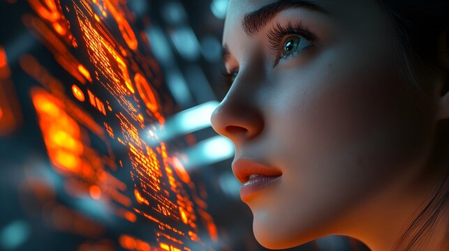 Close-up of a female IT professional interacting with a holographic data display in a futuristic server room, neon lights glowing softly, sci-fi, sleek, digital illustration