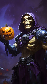 Skeletor's Joyful Pumpkin Celebration, a whimsical scene of a cheerful Skeletor embracing the spirit of autumn with a bright pumpkin.