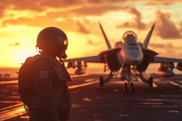 Fototapeta premium Pilot silhouette against sunset and fighter jet on aircraft carrier