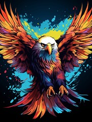 Obraz premium Colorful Eagle with Spread Wings Against a Blue and Yellow Abstract Background