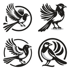 magpie cute birds vector icon set clipart illustration & drawing black & white silhouette