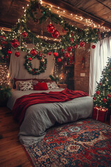 boho style Christmas themed bedroom decorated with garlands, wreaths and lights, a large bed in the middle of it covered by grey fabric, red plush blanket on top, wooden floor, vintage, bohemian rug 