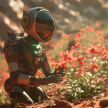 Robot exploring vibrant flowers on alien landscape.