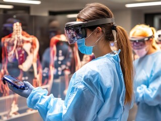 An innovative medical training through augmented reality visual, featuring medical students using AR glasses to learn anatomy or perform virtual surgeries, blending real-world and digital learning