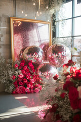 disco ball-inspired wedding or valentine day party flower arrangement with red roses and baby's breath, placed on the floor of an event space. The flowers have pink glitter covering them. 