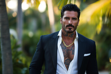 handsome man attractive tanned skin Italian mafia billionaire with tattoos and stubble, wearing an open white shirt, black blazer suit jacket, and a gold chain necklace in a luxury tropical setting