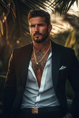 handsome man attractive tanned skin Italian mafia billionaire with tattoos and stubble, wearing an open white shirt, black blazer suit jacket, and a gold chain necklace in a luxury tropical setting