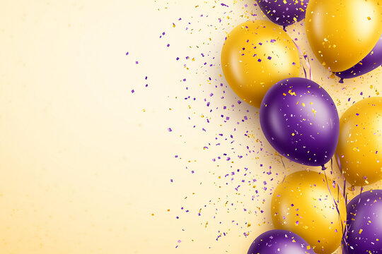 Celebration party banner with yellow and purple color balloons background.