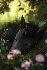 Fototapeta premium adorable black unicorn baby sleeping in the grass, with black fur, a black mane and horns, a peaceful expression