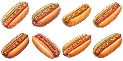 Hand Drawn illustration set of hotdog . isolate on a white background. PNG
