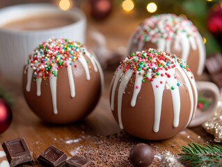 Obraz premium Festive hot chocolate bombs for holiday gifts, beautifully decorated with sprinkles and glitter, ready to melt into rich, creamy hot chocolate when dropped into a cup of warm milk