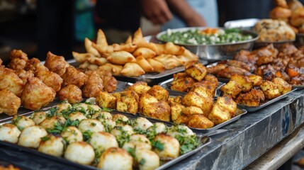 Naklejka premium Healthy Indian street food, showcasing light and nutritious versions of popular snacks like baked samosas, steamed idli, and grilled paneer
