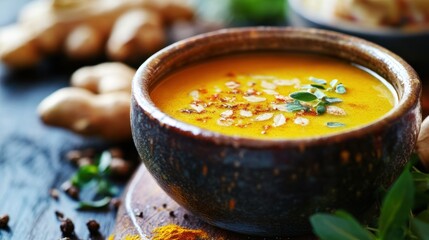 Herbs and spices for immune-boosting soups, featuring ingredients like turmeric and ginger, 