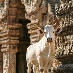 White cow near ornate temple, detailed stone carvings.