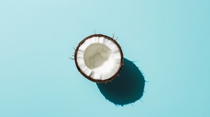 Fototapeta premium Tropical Freshness - Half Coconut on Sky Blue Background, Top View