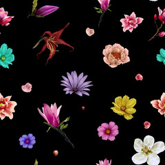 Watercolor painting of leaf and flowers, seamless pattern on dark background