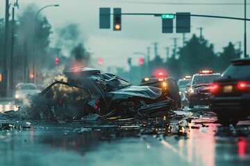Black car smoking after dangerous crash on wet road