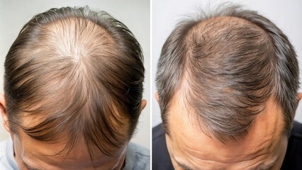 Fototapeta premium Close-up of a person's scalp showing a before and after comparison of hair restoration. The left side shows thinning hair, while the right side shows thick, healthy hair.