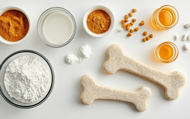 flat lay of homemade dog treat ingredients including flour, spices, and bone shaped biscuits. Pet care and natural nutrition concept with copy space