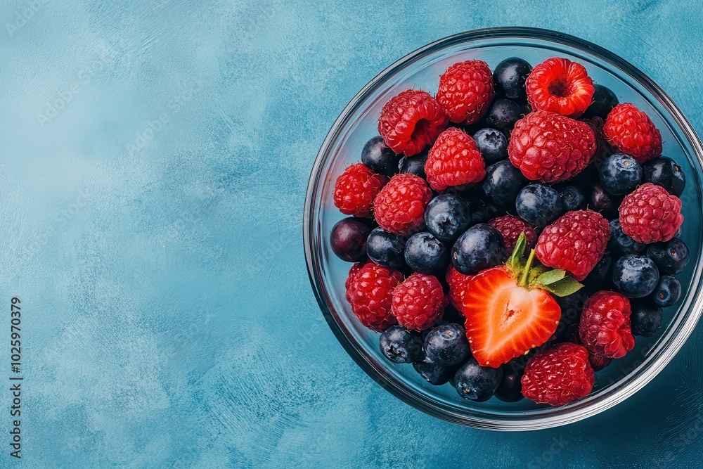 Wall mural mixed berries in a glass bowl on a blue background