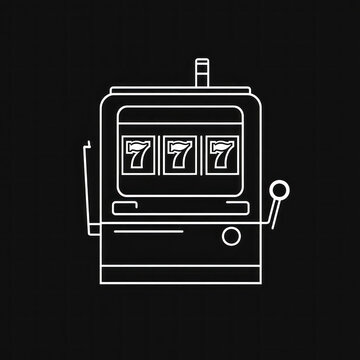 recommend clip art: White line drawing of a slot machine with three spinning reels, each showing a different symbol - a cherry, a bell, and a seven. Bold outlines and minimalistic design.