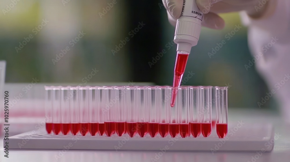 Poster red liquid being pipetted into multiple test tubes