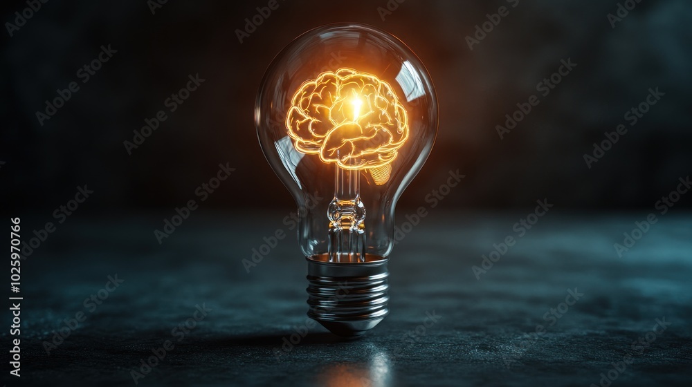Poster a glowing light bulb with a brain-shaped filament