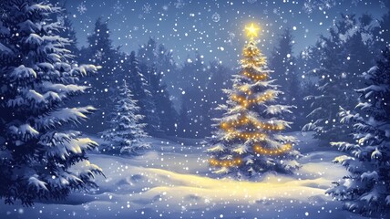 Christmas winter background with christmas tree in snow at night,Realistic 3d design Xmas card decoration,gift box,fir branches, pine cones,Merry Christmas,Happy new year banner,Vector illustration.