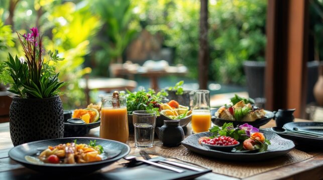 A scenic breakfast table featuring patongko alongside traditional Thai dishes, with fresh herbs and colorful garnishes enhancing the presentation.