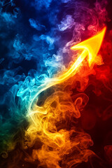 A colorful fire and smoke with an arrow in the middle of it