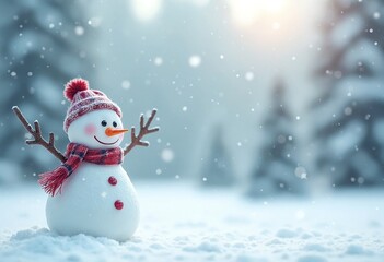 Cheerful snowman in a winter landscape, perfect for holiday themed designs, greeting cards, and festive promotions