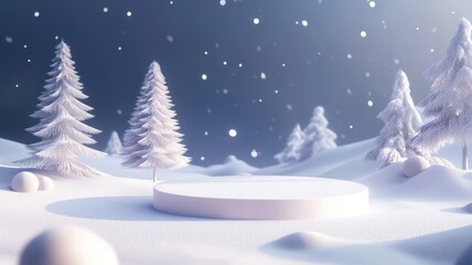 3d podium and Christmas tree in Snow winter night background,Merry Christmas,Happy new year banner,Vector illustration,Abstract minimal scene,Vector illustration,Snowy winter sunset,banner Holiday.