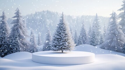 Fototapeta premium 3d podium and Christmas tree in Snow winter night background,Merry Christmas,Happy new year banner,Vector illustration,Abstract minimal scene,Vector illustration,Snowy winter sunset,banner Holiday.