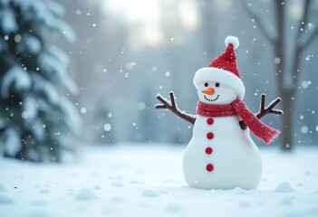 Cheerful snowman in a winter landscape, perfect for holiday themed designs, greeting cards, and festive promotions