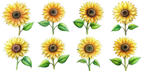 Hand Drawn illustration set of sunflower . isolate on a white background. PNG
