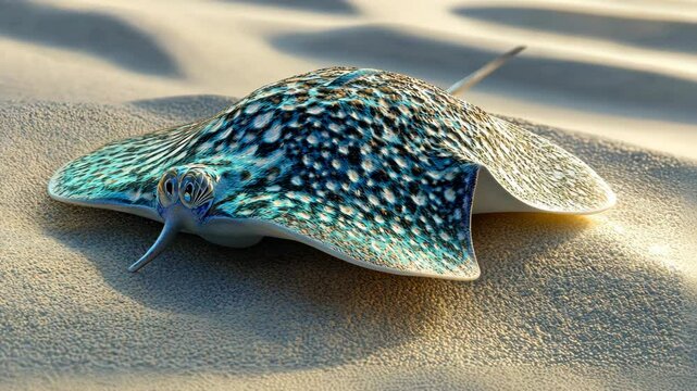 A spotted ray lies on the sandy ocean floor, its body covered in a pattern of blue and white spots