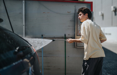 A young man operates a pressure washer to clean a vehicle at an outdoor car wash station on a sunny day, emphasizing cleanliness and outdoor work.