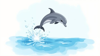 Cartoon dolphin jumping out of the water with splashes on a light background, perfect for marine or playful concept