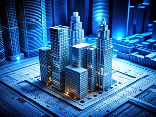 Obraz premium Low Light Photography of Skyscraper Blueprints with Dramatic Shadows and Highlights
