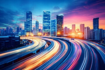 Fototapeta premium Dusk Highway with Light Trails in a Bustling City