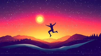 Obraz premium Welcome Merry Christmas in 2025. A young man jump between 2024 and 2025 years over the sun and through on the gap of hill silhouette evening colorful sky. Happy new year.2025