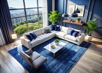 Fototapeta premium Luxurious Modern Living Room with Dark Blue Carpet and White Sofa - Drone Photography Showcase