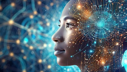 Digital silhouette of a human face with intricate web of neural network pathways symbolizing artificial intelligence and big data analysis
