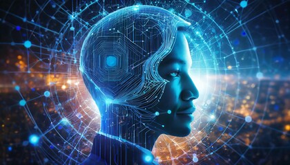 A powered human face represented through a fusion of digital lines, nodes, and neural networks floating in a futuristic space
